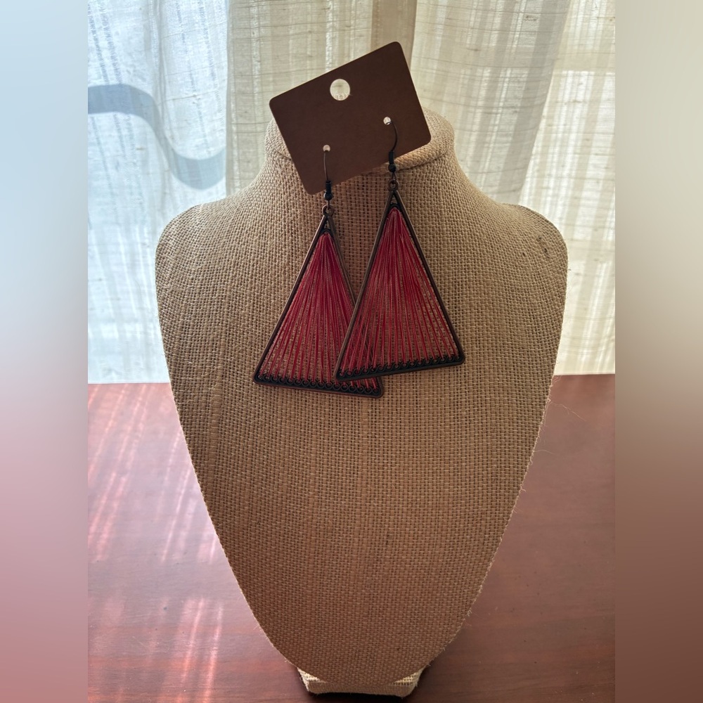 Handcrafted Red Triangle Thread Earrings